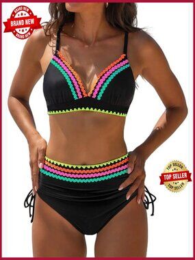 High Waisted Bikini Set Tummy Control Swimsuits Two Piece V Neck Drawstring